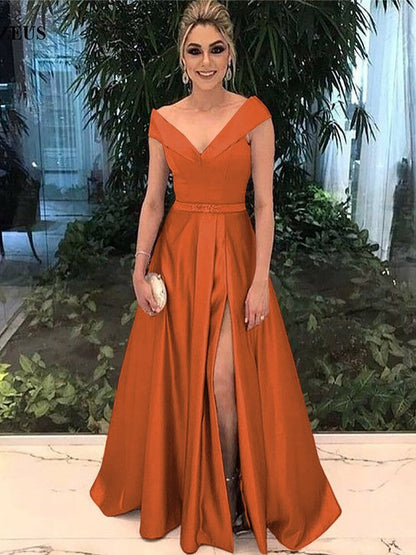 A-Line Off-the-Shoulder Sleeveless Floor-Length With Sash/Ribbon/Belt Satin Prom Dress