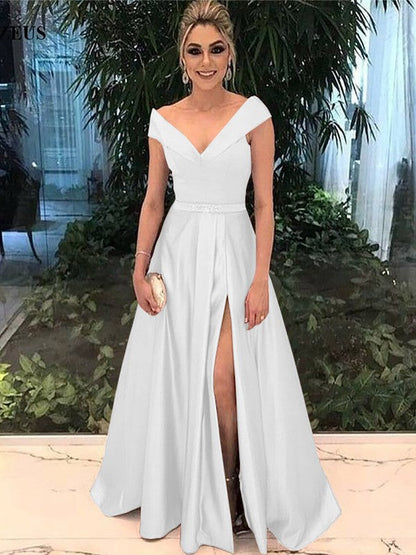 A-Line Off-the-Shoulder Sleeveless Floor-Length With Sash/Ribbon/Belt Satin Prom Dress