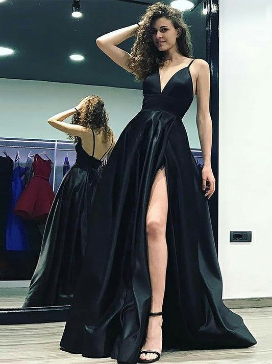 A-Line V-neck Sleeveless Sweep/Brush Train With Ruffles Satin Prom Dress