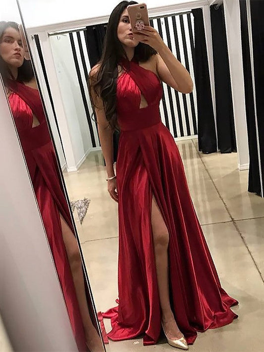 A-Line Halter Sleeveless Sweep/Brush Train With Ruffles Silk like Satin Prom Dress