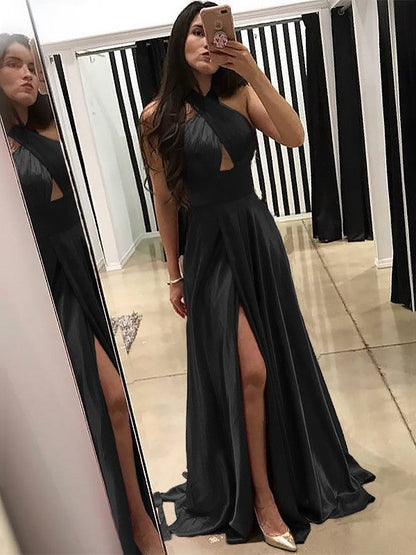 A-Line Halter Sleeveless Sweep/Brush Train With Ruffles Silk like Satin Prom Dress