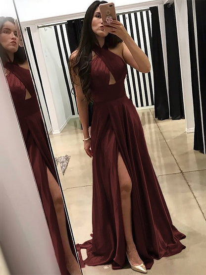 A-Line Halter Sleeveless Sweep/Brush Train With Ruffles Silk like Satin Prom Dress