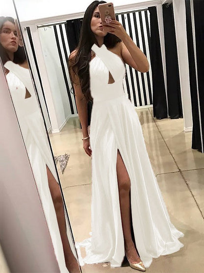 A-Line Halter Sleeveless Sweep/Brush Train With Ruffles Silk like Satin Prom Dress