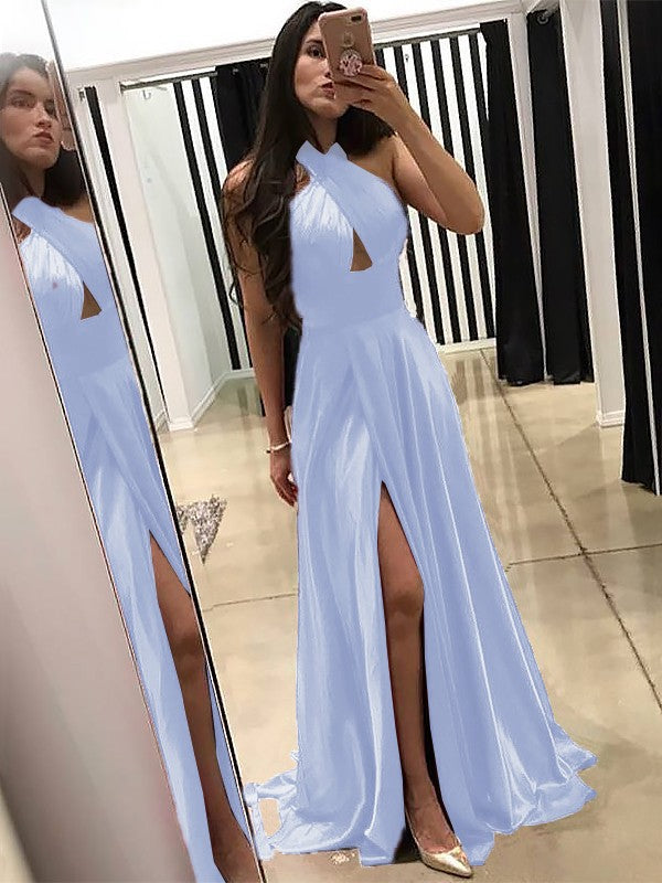 A-Line Halter Sleeveless Sweep/Brush Train With Ruffles Silk like Satin Prom Dress