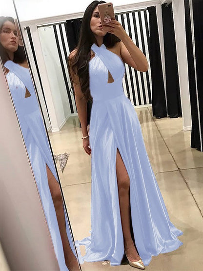 A-Line Halter Sleeveless Sweep/Brush Train With Ruffles Silk like Satin Prom Dress
