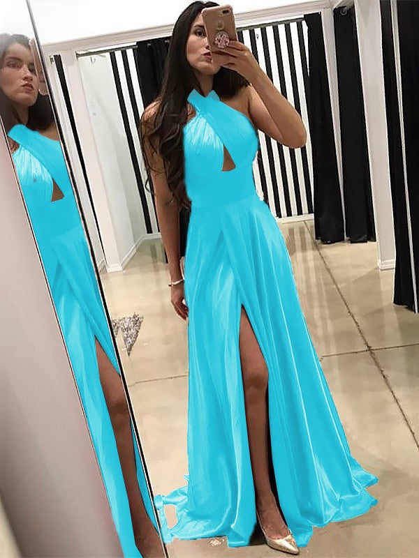 A-Line Halter Sleeveless Sweep/Brush Train With Ruffles Silk like Satin Prom Dress