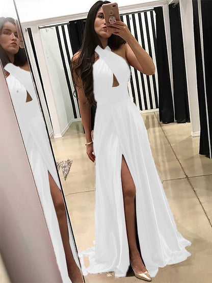 A-Line Halter Sleeveless Sweep/Brush Train With Ruffles Silk like Satin Prom Dress