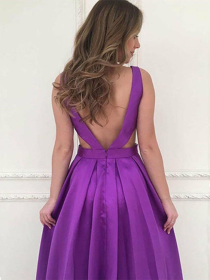 A-Line V-neck Sleeveless Sweep/Brush Train With Ruffles Satin Prom Dress