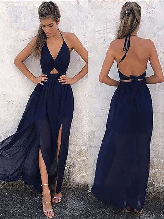 A-Line V-neck Sleeveless Floor-Length With Ruched Chiffon Prom Dress