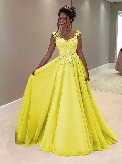 A-Line Sweetheart Sleeveless Floor-Length With Applique Tulle Prom Dress
