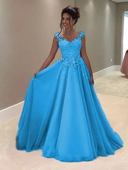A-Line Sweetheart Sleeveless Floor-Length With Applique Tulle Prom Dress