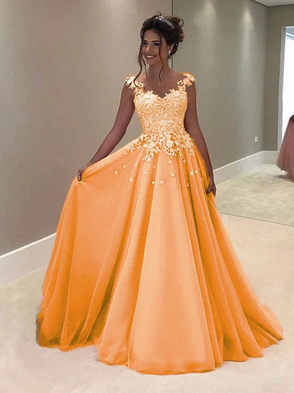 A-Line Sweetheart Sleeveless Floor-Length With Applique Tulle Prom Dress