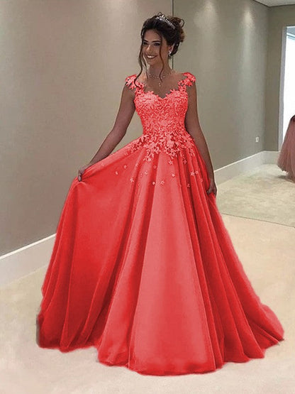 A-Line Sweetheart Sleeveless Floor-Length With Applique Tulle Prom Dress
