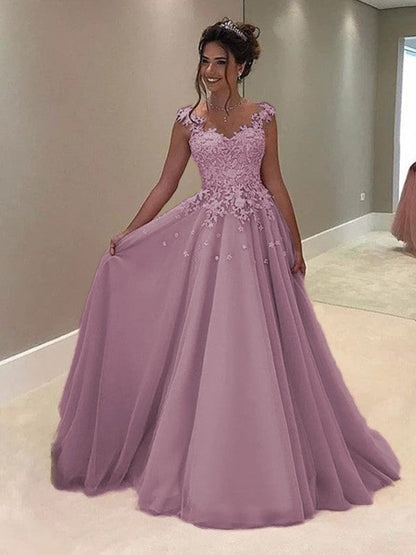 A-Line Sweetheart Sleeveless Floor-Length With Applique Tulle Prom Dress