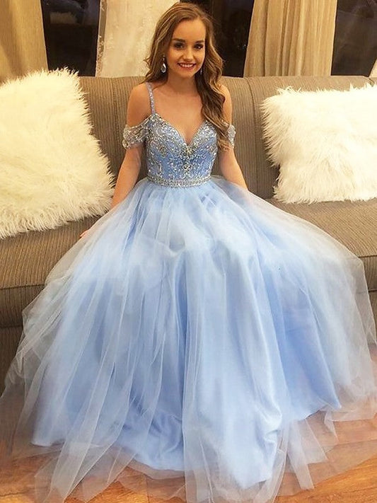 A-Line Off-the-Shoulder Floor-Length Tulle Sleeveless With Beading Prom Dress
