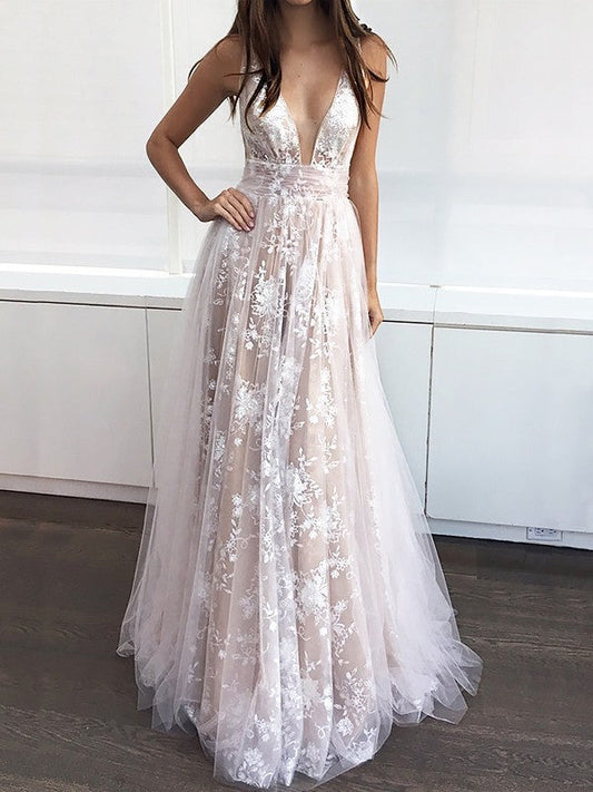 A-Line V-neck Floor-Length Tulle Sleeveless With Applique Prom Dress