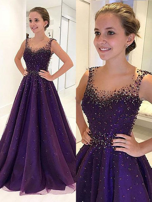 A-Line Scoop Floor-Length Tulle Sleeveless With Beading Prom Dress