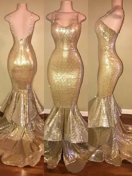 Mermaid Spaghetti Straps Sweep/Brush Train Sleeveless Sequins With Ruffles Prom Dress