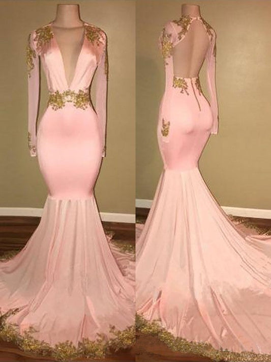 Mermaid V-neck Court Train Long Sleeves Silk like Satin With Applique Prom Dress