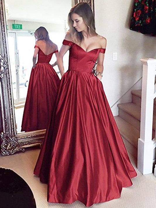 A-Line Off-the-Shoulder Sleeveless Floor-Length Satin With Beading Prom Dress