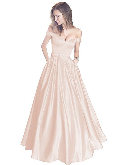 A-Line Off-the-Shoulder Sleeveless Floor-Length Satin With Beading Prom Dress