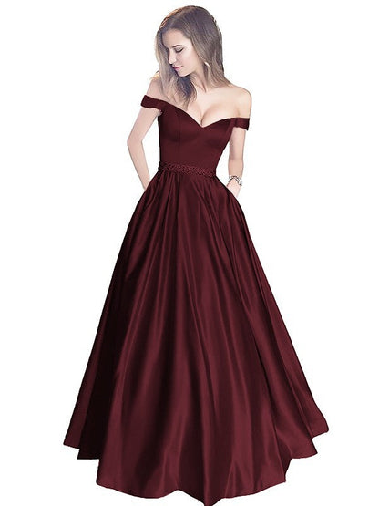 A-Line Off-the-Shoulder Sleeveless Floor-Length Satin With Beading Prom Dress
