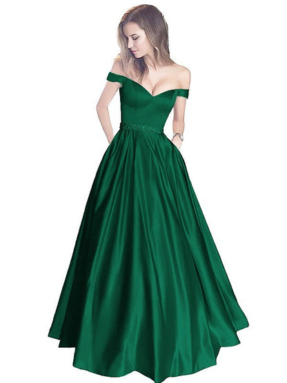 A-Line Off-the-Shoulder Sleeveless Floor-Length Satin With Beading Prom Dress