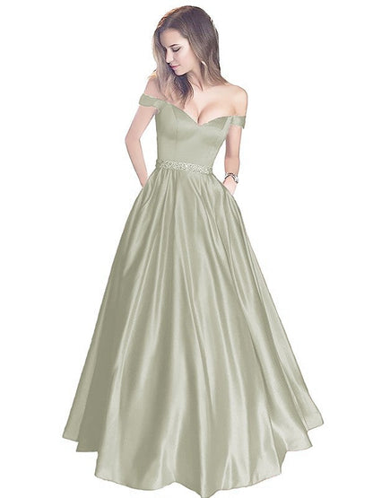 A-Line Off-the-Shoulder Sleeveless Floor-Length Satin With Beading Prom Dress