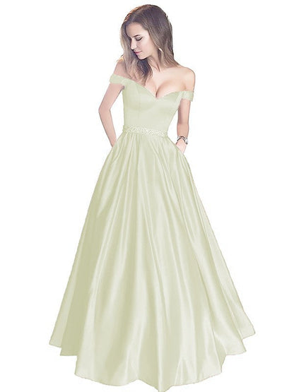A-Line Off-the-Shoulder Sleeveless Floor-Length Satin With Beading Prom Dress