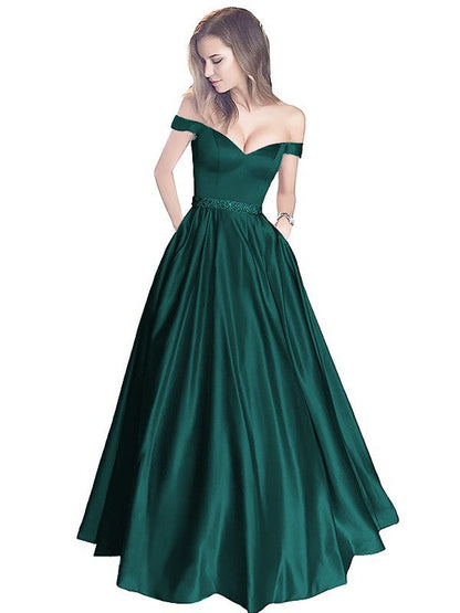 A-Line Off-the-Shoulder Sleeveless Floor-Length Satin With Beading Prom Dress