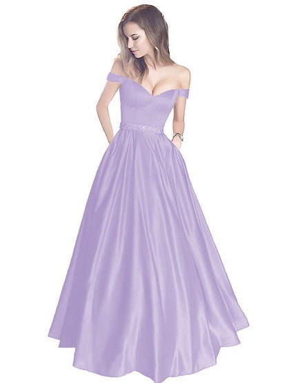 A-Line Off-the-Shoulder Sleeveless Floor-Length Satin With Beading Prom Dress