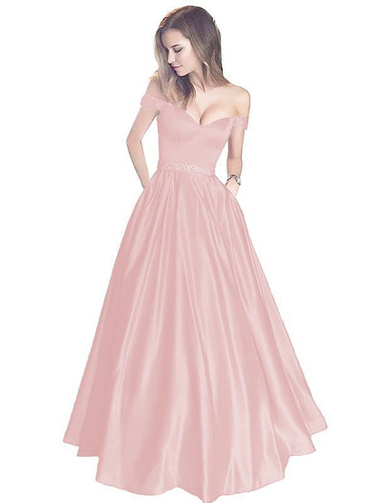 A-Line Off-the-Shoulder Sleeveless Floor-Length Satin With Beading Prom Dress
