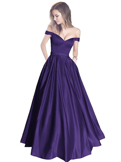 A-Line Off-the-Shoulder Sleeveless Floor-Length Satin With Beading Prom Dress