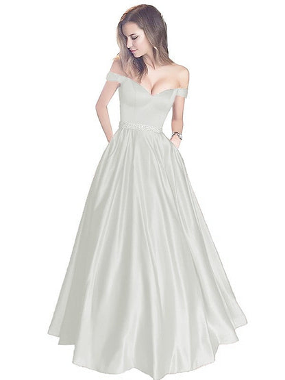 A-Line Off-the-Shoulder Sleeveless Floor-Length Satin With Beading Prom Dress
