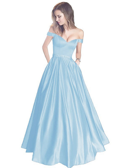 A-Line Off-the-Shoulder Sleeveless Floor-Length Satin With Beading Prom Dress