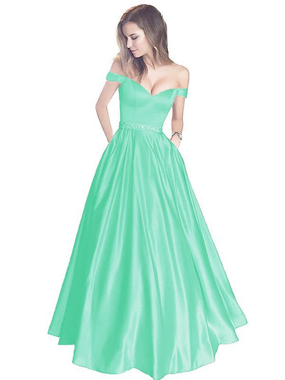 A-Line Off-the-Shoulder Sleeveless Floor-Length Satin With Beading Prom Dress
