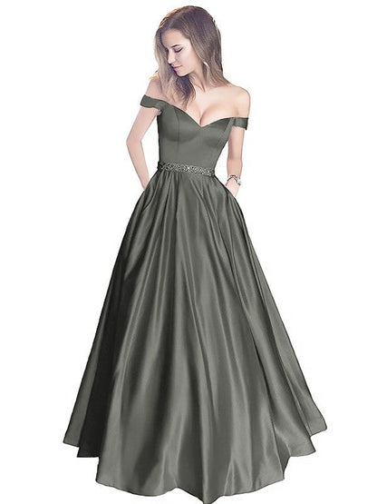 A-Line Off-the-Shoulder Sleeveless Floor-Length Satin With Beading Prom Dress