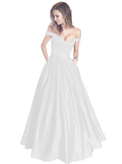 A-Line Off-the-Shoulder Sleeveless Floor-Length Satin With Beading Prom Dress