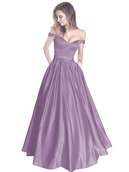 A-Line Off-the-Shoulder Sleeveless Floor-Length Satin With Beading Prom Dress