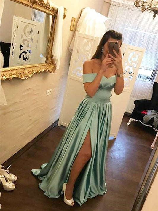 A-Line Off-the-Shoulder Sleeveless Sweep/Brush Train Satin With Ruffles Prom Dress