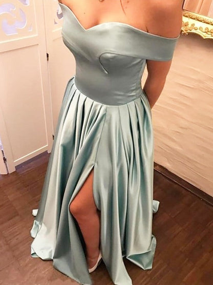 A-Line Off-the-Shoulder Sleeveless Sweep/Brush Train Satin With Ruffles Prom Dress