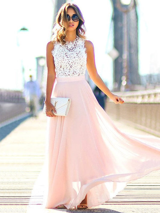 A-Line Jewel Sleeveless Floor-Length With Lace Chiffon Prom Dress