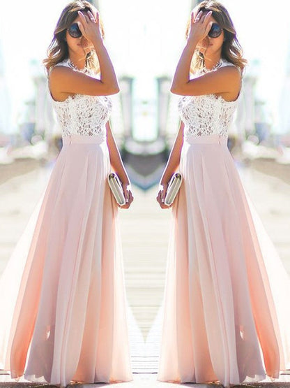 A-Line Jewel Sleeveless Floor-Length With Lace Chiffon Prom Dress