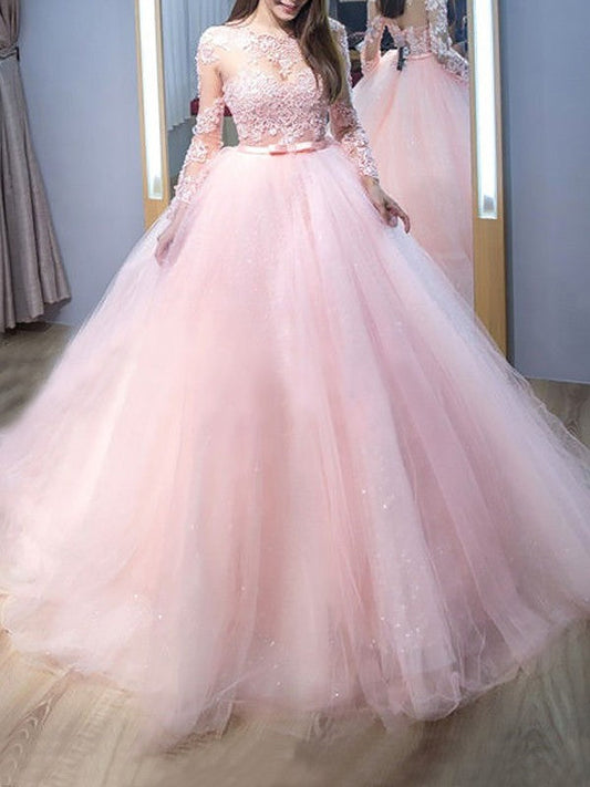 Ball Gown Jewel Long Sleeves Sweep/Brush Train With Lace Tulle Prom Dress