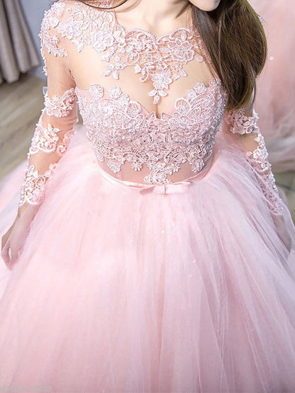 Ball Gown Jewel Long Sleeves Sweep/Brush Train With Lace Tulle Prom Dress