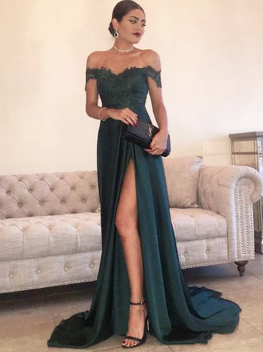 A-Line Off-the-Shoulder Sleeveless Sweep/Brush Train With Lace Silk like Satin Prom Dress
