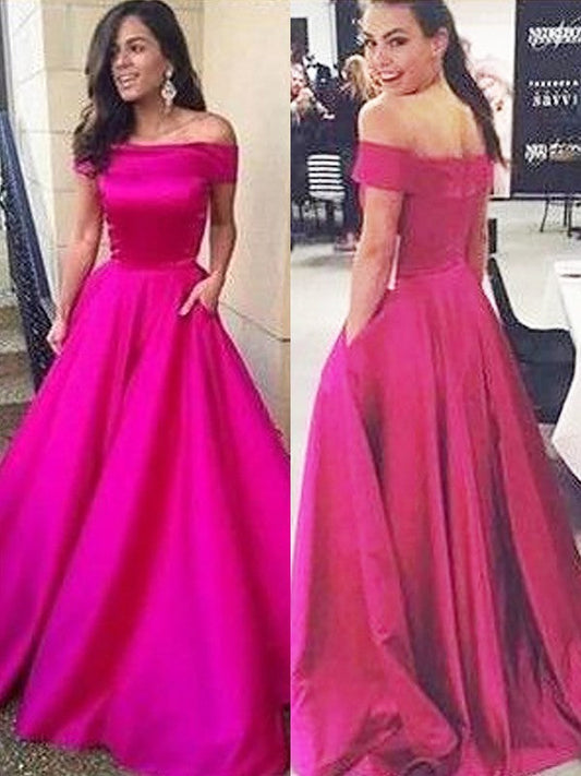 A-Line Off-the-Shoulder Sleeveless Sweep/Brush Train With Ruffles Satin Prom Dress