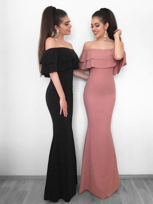 Sheath Off-the-Shoulder Sleeveless Floor-Length With Ruffles Stretch Crepe Prom Dress