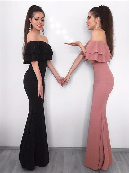 Sheath Off-the-Shoulder Sleeveless Floor-Length With Ruffles Stretch Crepe Prom Dress