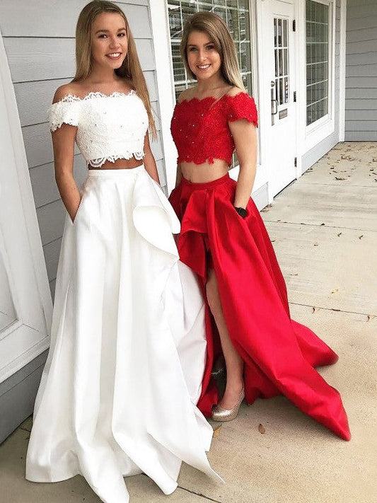 A-Line Off-the-Shoulder Sleeveless Sweep/Brush Train With Lace Satin Two Piece Prom Dress